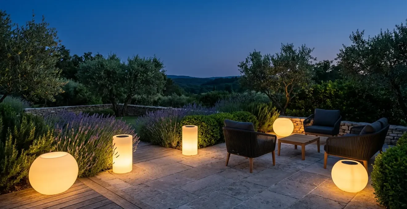 Terrasse de jardin française illuminée la nuit par des pots lumineux solaires disposés harmonieusement