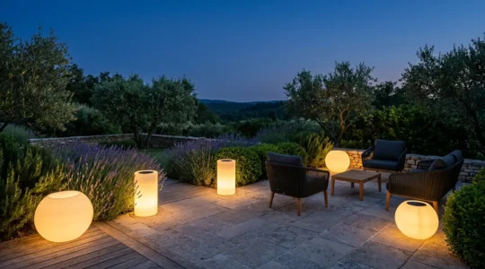 Terrasse de jardin française illuminée la nuit par des pots lumineux solaires disposés harmonieusement