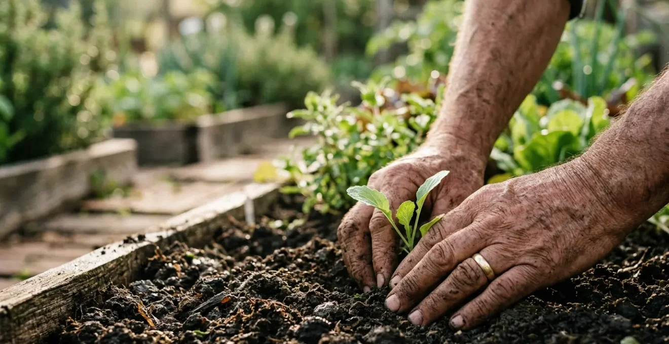 Gros plan sur des mains plongées dans la terre fertile d'un jardin français, incarnant la reconnexion méditative par le geste précis du jardinage