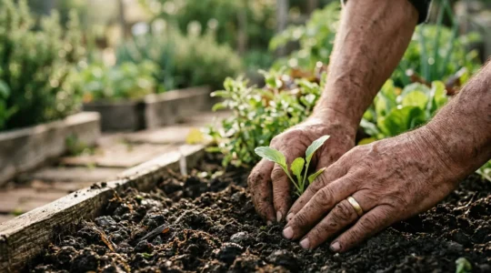 Gros plan sur des mains plongées dans la terre fertile d'un jardin français, incarnant la reconnexion méditative par le geste précis du jardinage
