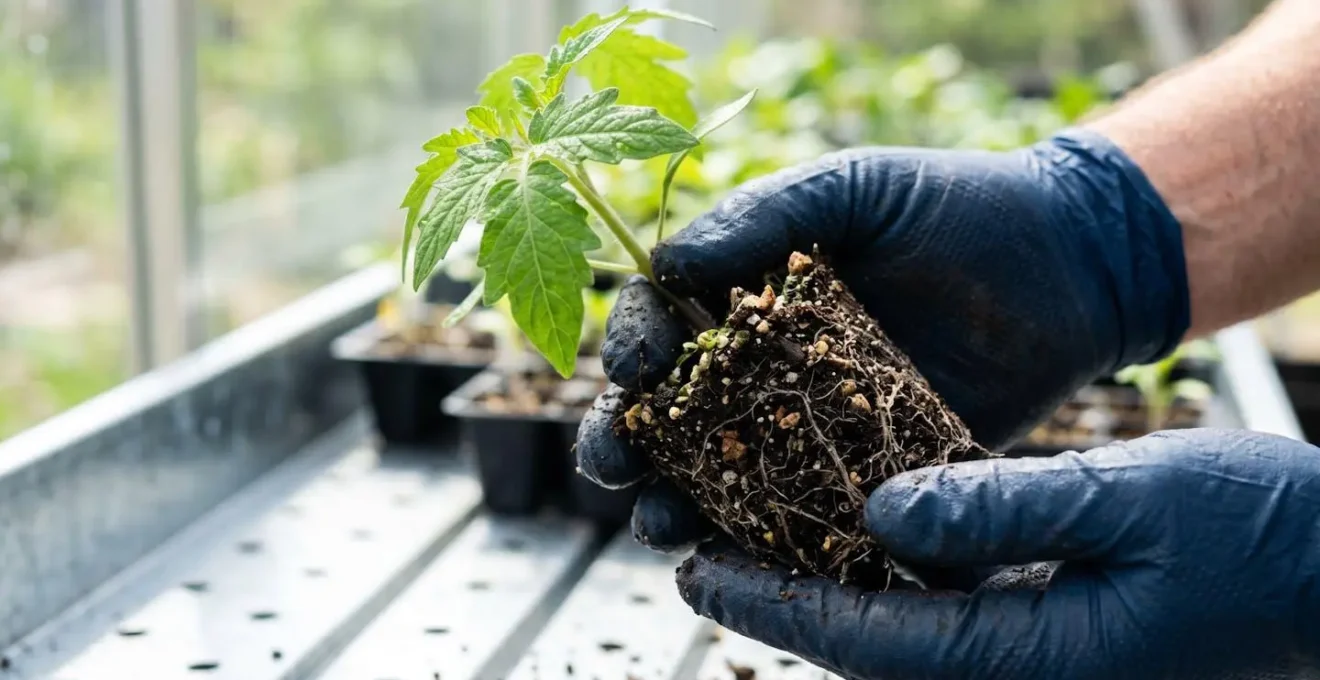 Gros plan sur des mains gantées tenant délicatement un jeune plant avec sa motte de terre visible