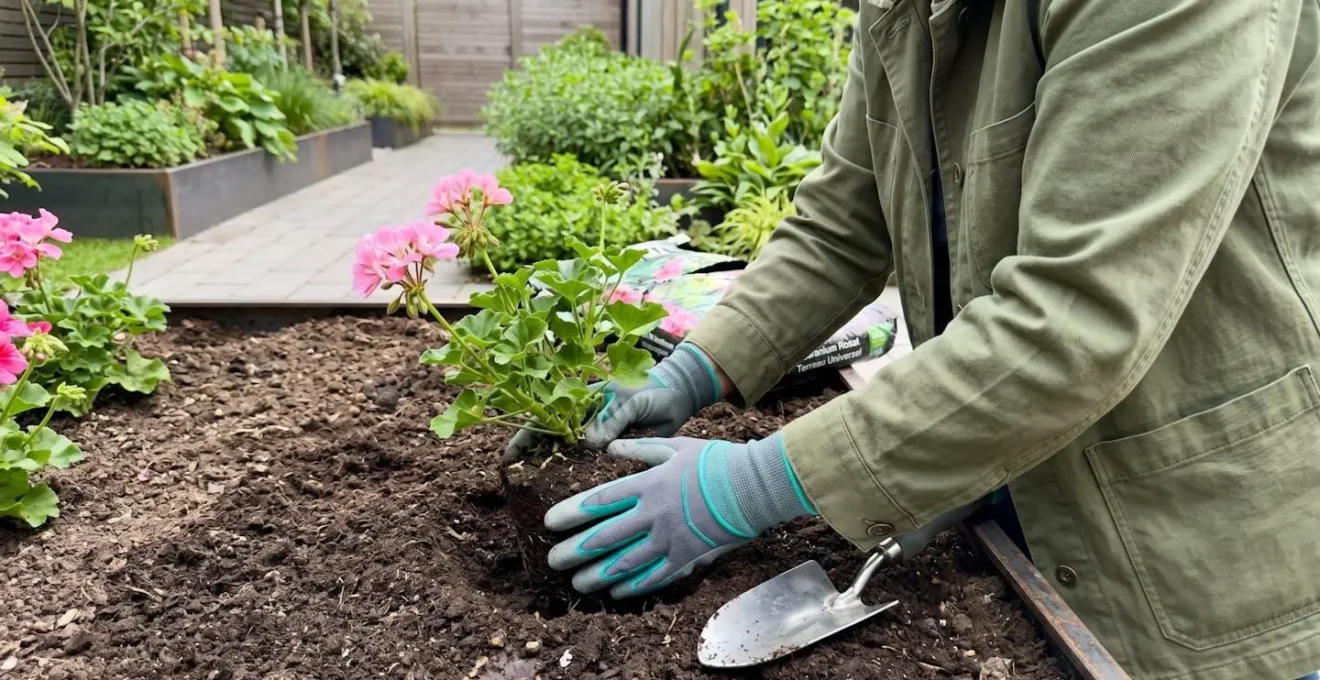 Des mains portant des gants de jardinage modernes plantent une vivace à fleurs roses dans une terre brune humide