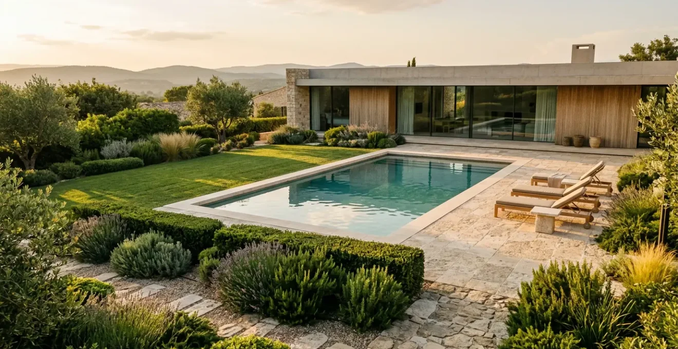 Vue panoramique d'une maison contemporaine avec piscine enterrée et jardin paysager valorisant le bien immobilier
