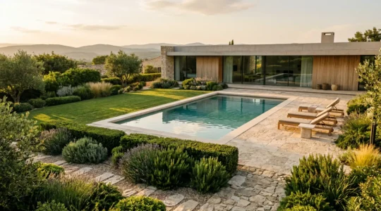 Vue panoramique d'une maison contemporaine avec piscine enterrée et jardin paysager valorisant le bien immobilier