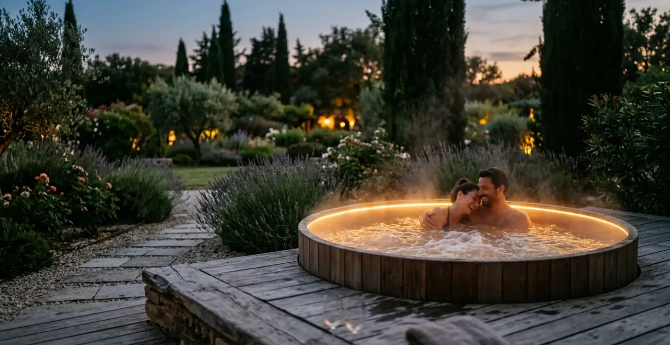 Couple profitant d'un moment privilégié dans un jacuzzi extérieur en soirée dans un jardin français
