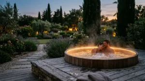 Couple profitant d'un moment privilégié dans un jacuzzi extérieur en soirée dans un jardin français