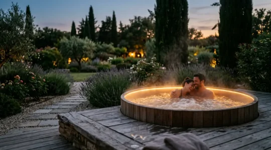 Couple profitant d'un moment privilégié dans un jacuzzi extérieur en soirée dans un jardin français