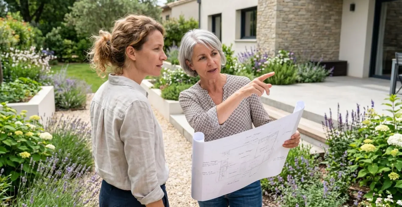 Un paysagiste et un propriétaire discutent d'un plan papier dans un jardin résidentiel français, vus de profil