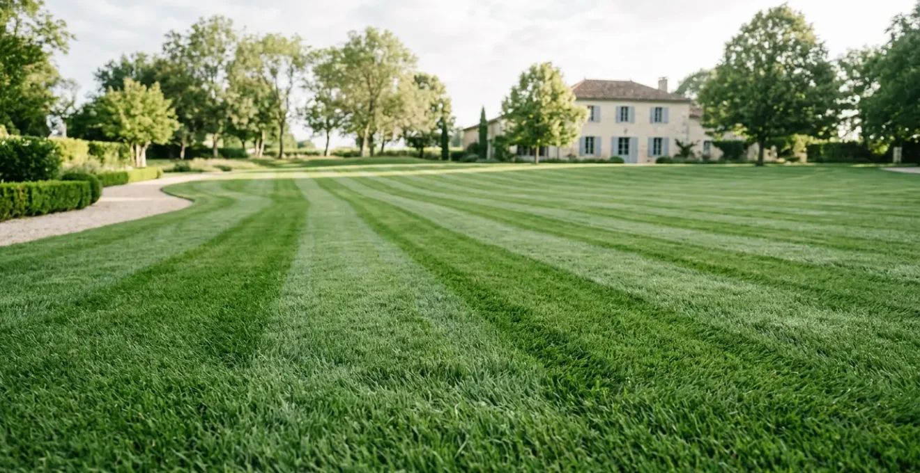 Pelouse verte impeccable tondue à la perfection évoquant un terrain de golf professionnel