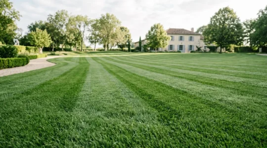 Pelouse verte impeccable tondue à la perfection évoquant un terrain de golf professionnel