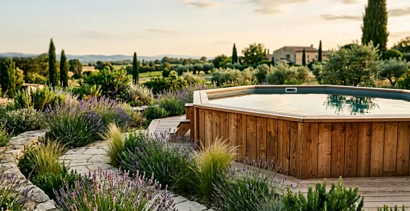 Piscine en bois hors-sol harmonieusement intégrée dans un jardin paysager français avec terrasse naturelle