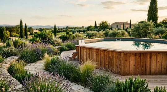 Piscine en bois hors-sol harmonieusement intégrée dans un jardin paysager français avec terrasse naturelle
