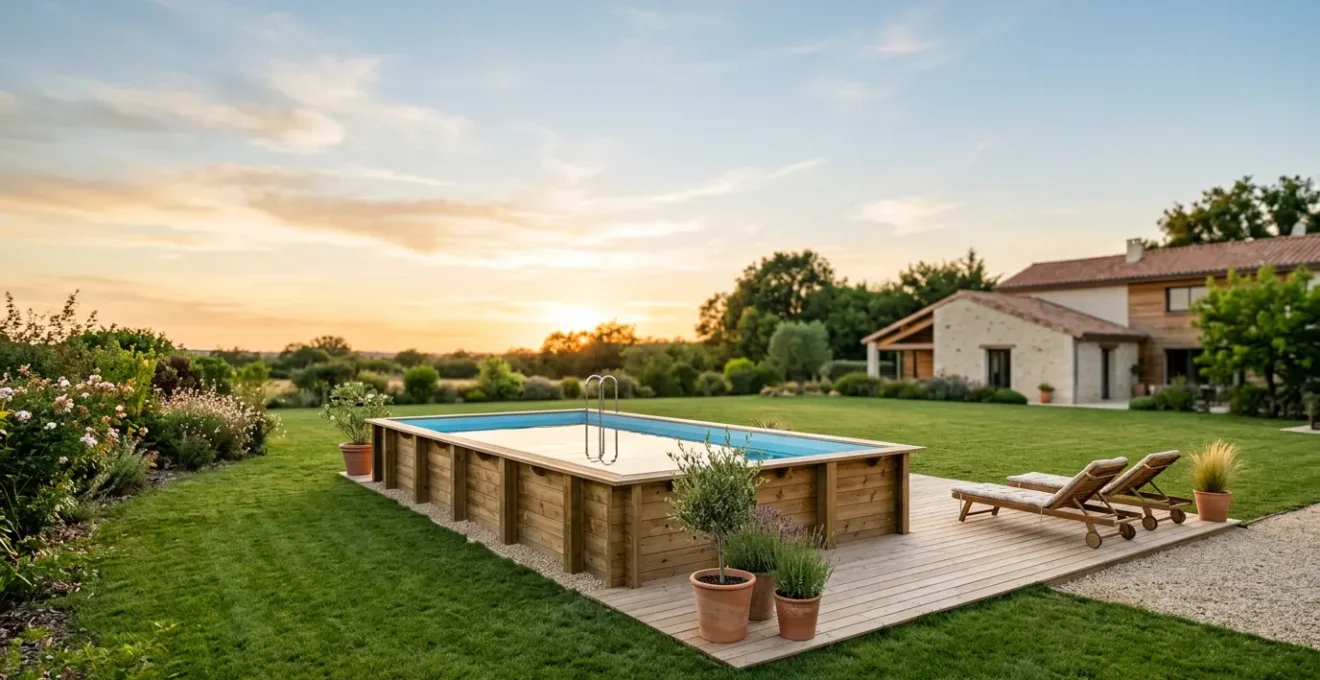 Piscine hors-sol moderne installée dans un jardin privé français pendant l'été