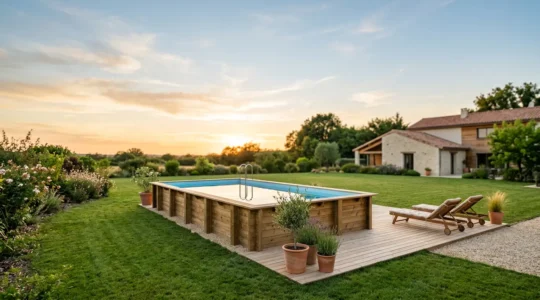 Piscine hors-sol moderne installée dans un jardin privé français pendant l'été