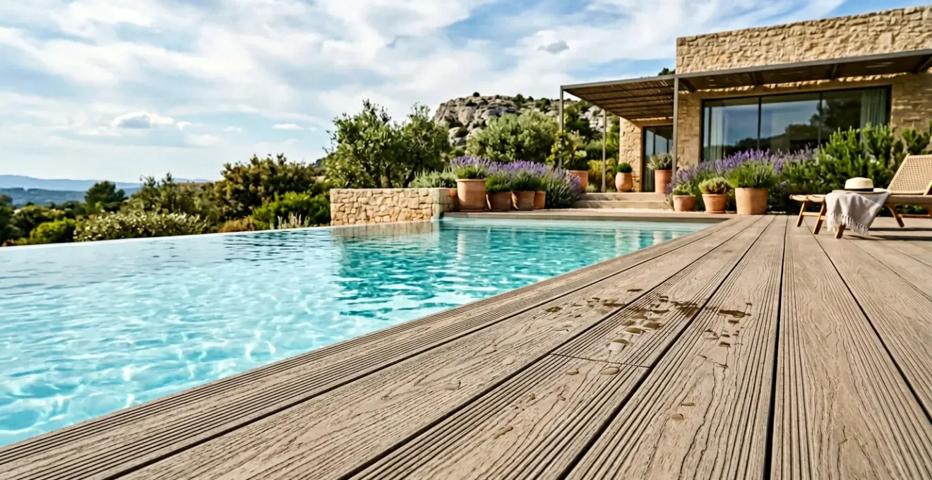 Plage de piscine en composite autour d'un bassin moderne avec surface antidérapante et espace sécurisé pour déplacement pieds nus