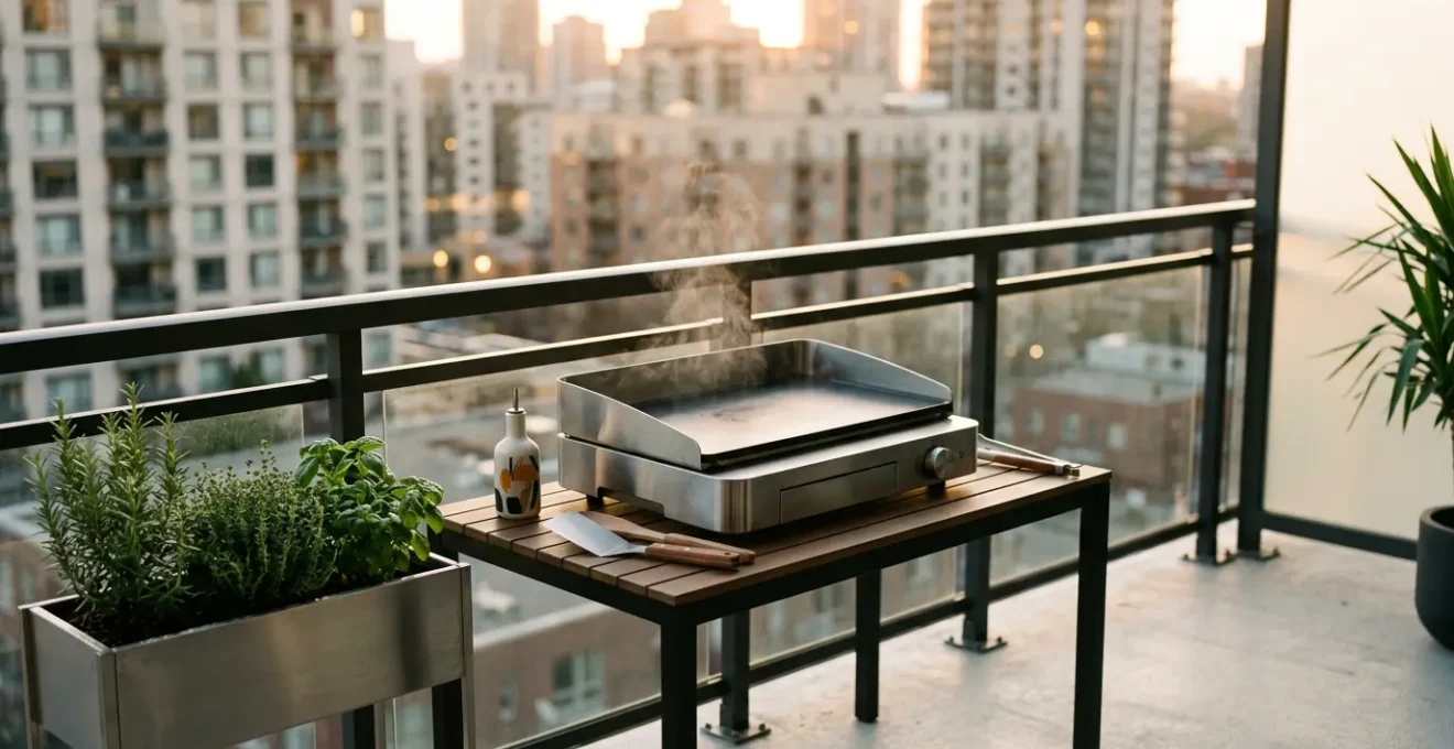 Plancha électrique moderne sur un balcon urbain avec vue sur immeubles, ambiance conviviale et cuisine extérieure