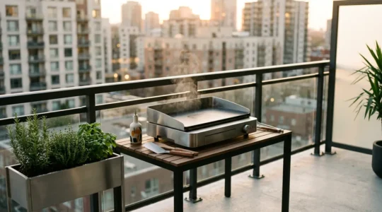 Plancha électrique moderne sur un balcon urbain avec vue sur immeubles, ambiance conviviale et cuisine extérieure