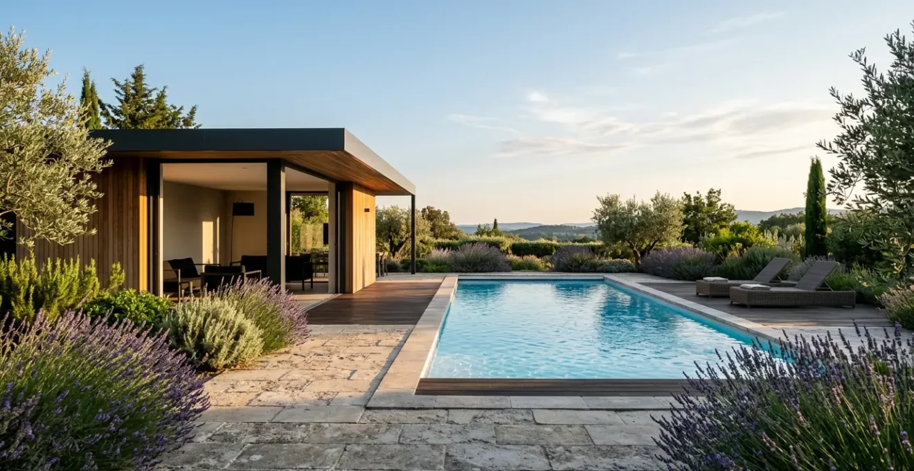 Pool house contemporain en aluminium avec terrasse couverte au bord d'une piscine entourée de verdure sous le soleil