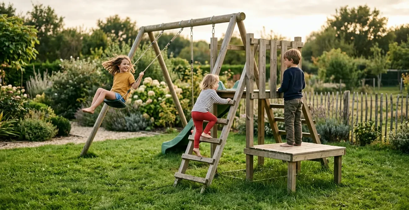 Enfants jouant sur un portique de jardin en bois dans un jardin français ensoleillé