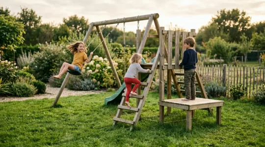 Enfants jouant sur un portique de jardin en bois dans un jardin français ensoleillé