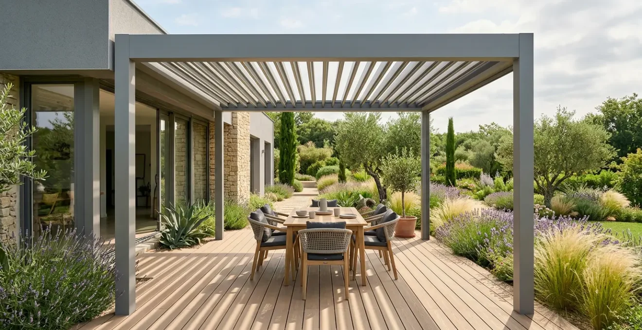 Espace de vie extérieur élégant avec pergola bioclimatique et terrasse moderne