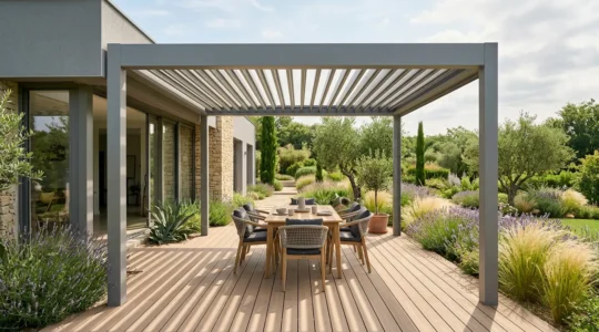 Espace de vie extérieur élégant avec pergola bioclimatique et terrasse moderne