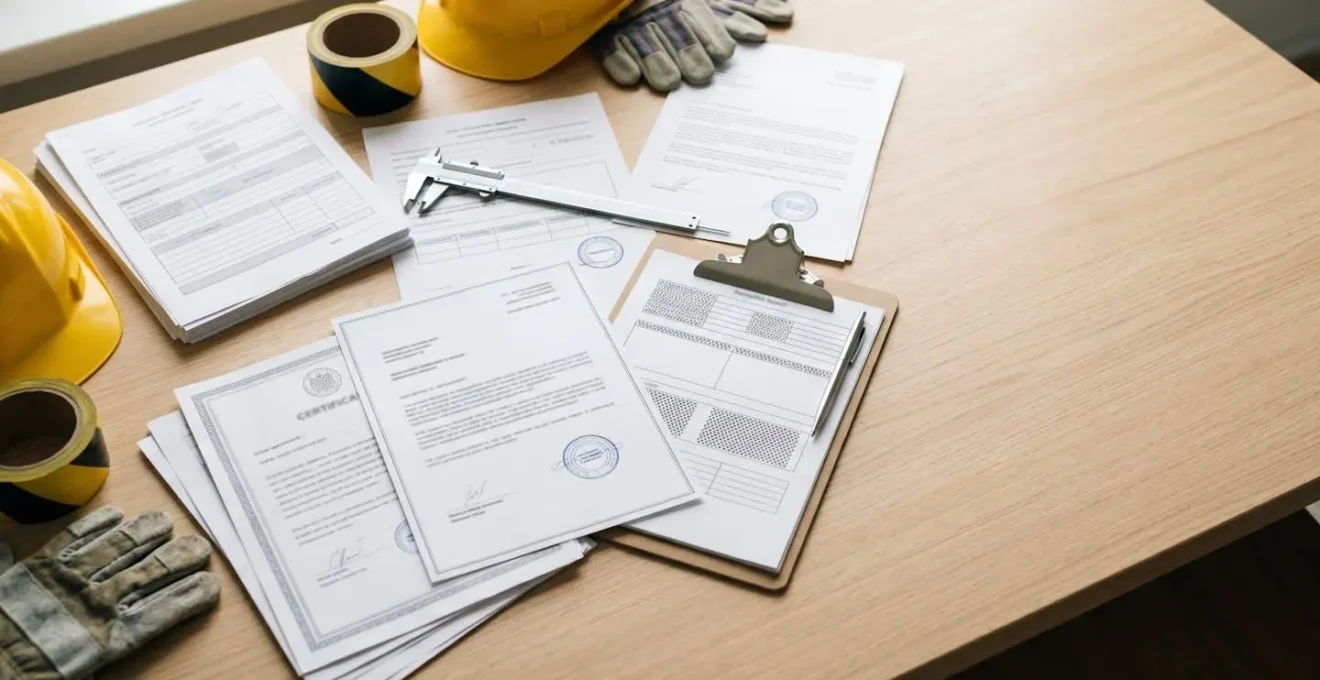 Documents officiels de certification et tampons de conformite pour equipements de jardin sur fond professionnel