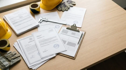 Documents officiels de certification et tampons de conformite pour equipements de jardin sur fond professionnel
