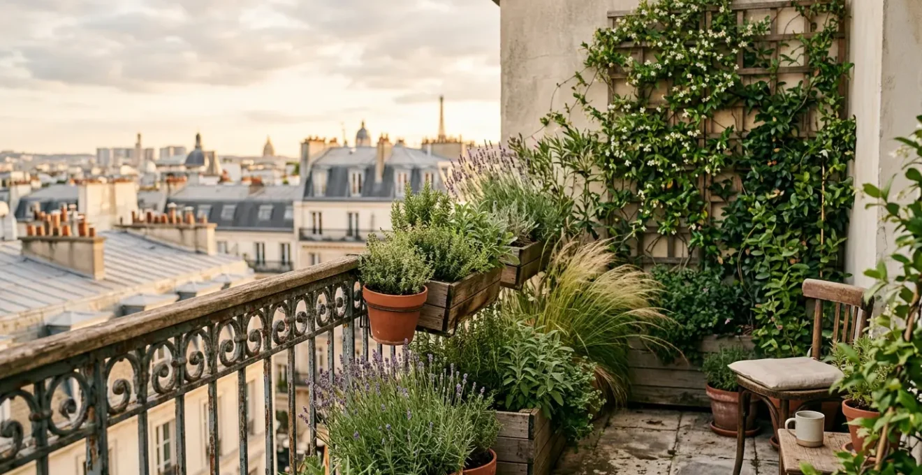 Balcon urbain transformé en oasis de verdure luxuriante avec plantes aromatiques et coin détente apaisant en ville