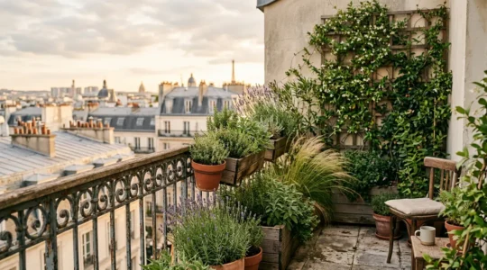 Balcon urbain transformé en oasis de verdure luxuriante avec plantes aromatiques et coin détente apaisant en ville