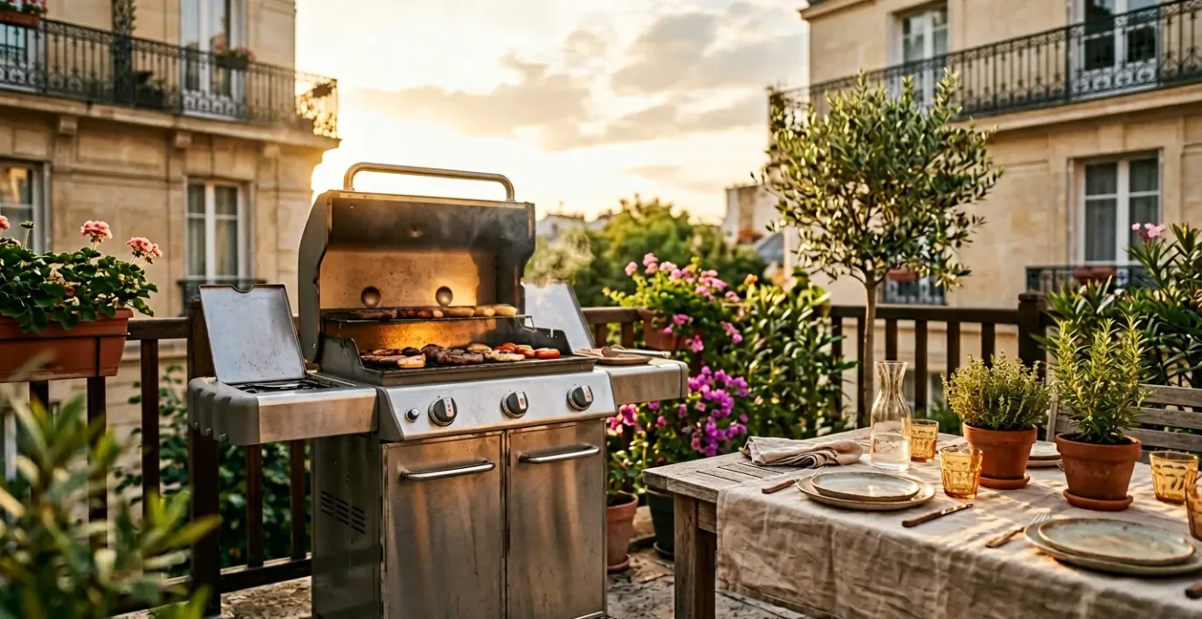 Terrasse aménagée avec barbecue gaz moderne et table dressée prête pour un repas convivial en extérieur