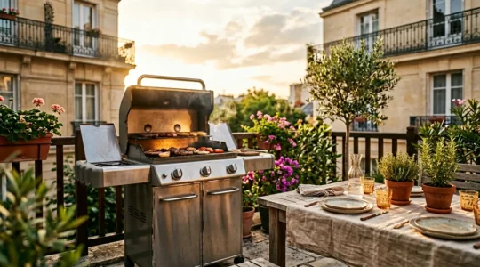 Terrasse aménagée avec barbecue gaz moderne et table dressée prête pour un repas convivial en extérieur