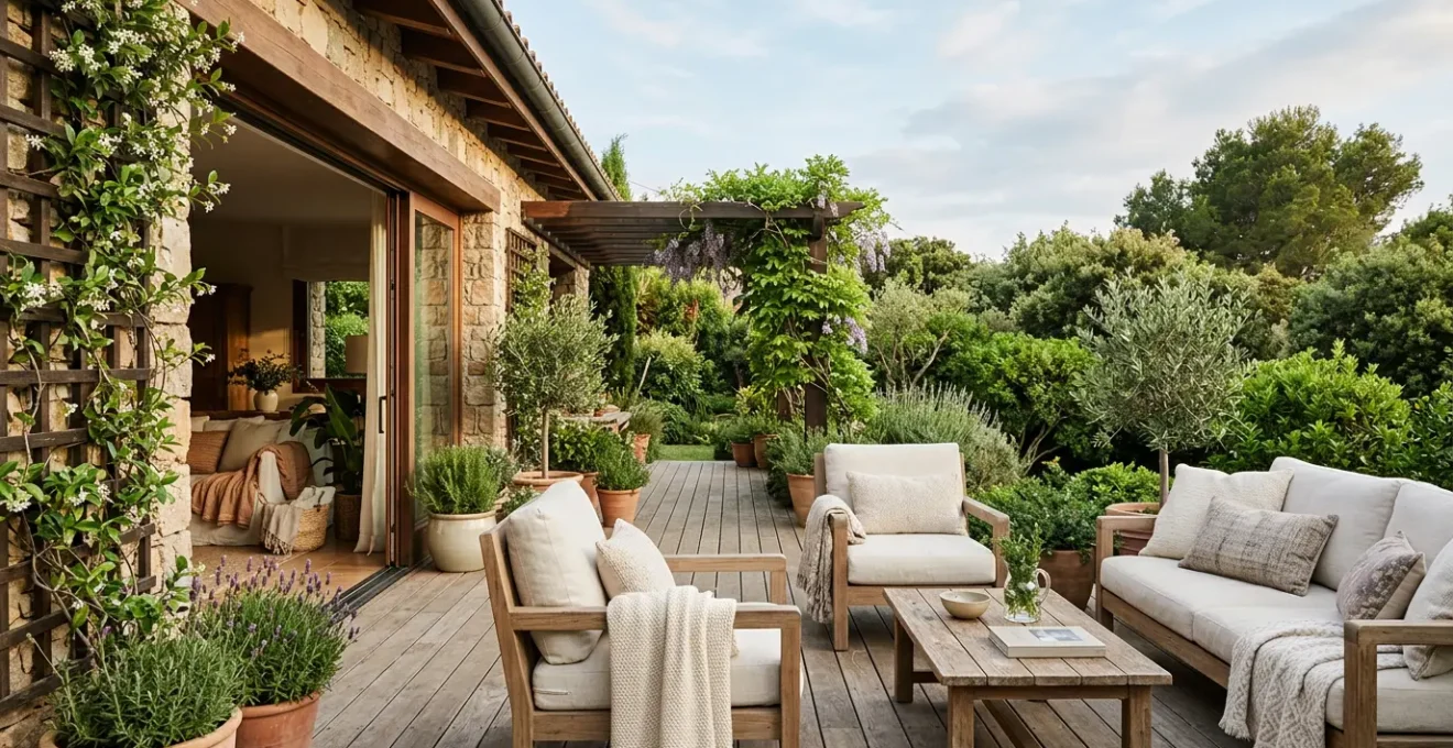 Terrasse aménagée comme un salon avec fauteuils confortables et végétation luxuriante