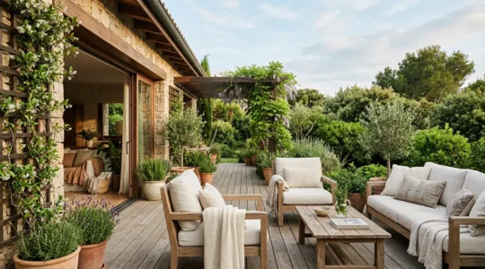 Terrasse aménagée comme un salon avec fauteuils confortables et végétation luxuriante