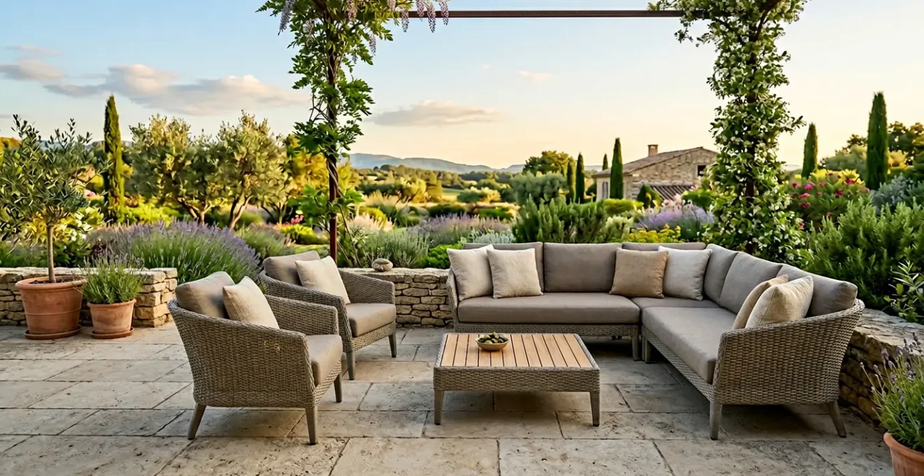 Salon de jardin en résine tressée installé sur une terrasse française ensoleillée, matériau durable résistant aux intempéries
