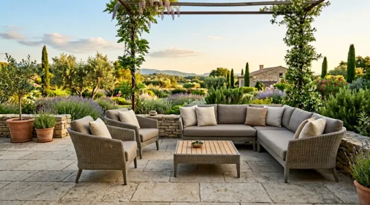Salon de jardin en résine tressée installé sur une terrasse française ensoleillée, matériau durable résistant aux intempéries