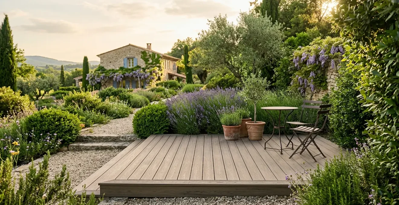 Terrasse en lames composites contemporaine intégrée dans un jardin résidentiel français avec mobilier extérieur