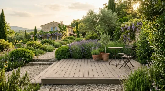 Terrasse en lames composites contemporaine intégrée dans un jardin résidentiel français avec mobilier extérieur