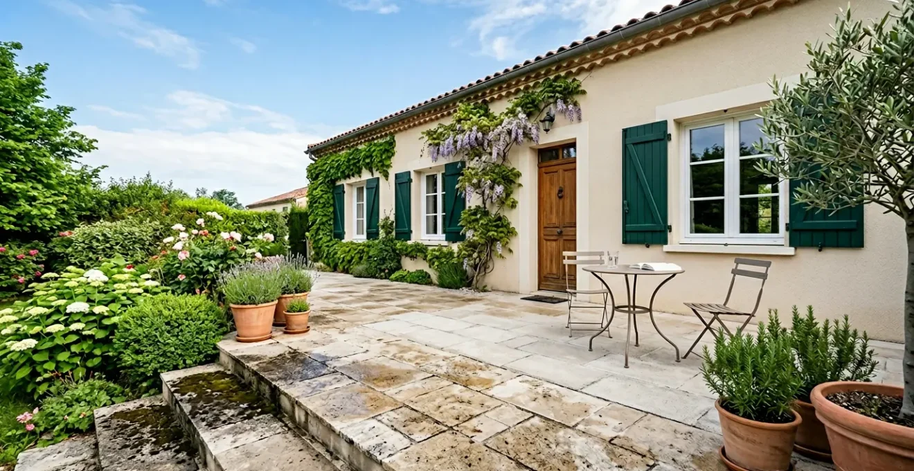 Terrasse française en pierre naturelle propre et rénovée avec façade traditionnelle en crépi beige