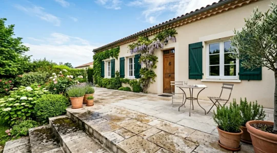 Terrasse française en pierre naturelle propre et rénovée avec façade traditionnelle en crépi beige