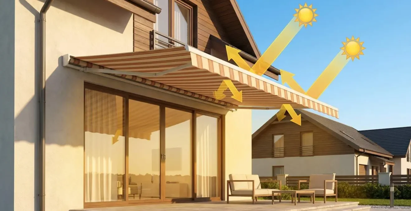 Illustration du principe d'ombrage d'un store banne sur une façade vitrée, montrant la déviation du rayonnement solaire avant la surface vitrée