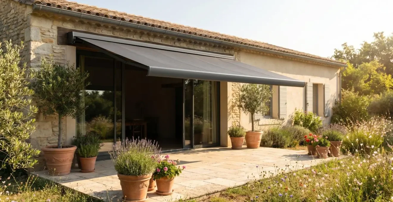 Store banne coffre motorisé déployé sur la terrasse d'un pavillon français exposé au sud, ombrant largement une baie vitrée coulissante