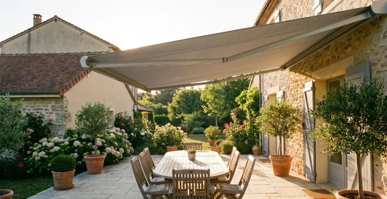 Terrasse d'une maison individuelle française équipée d'un store banne coffre en aluminium déployé, ombrant une table de jardin par forte chaleur estivale
