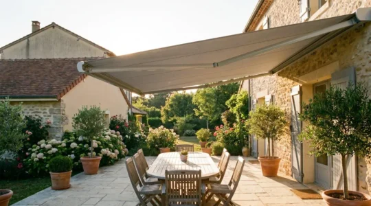 Terrasse d'une maison individuelle française équipée d'un store banne coffre en aluminium déployé, ombrant une table de jardin par forte chaleur estivale