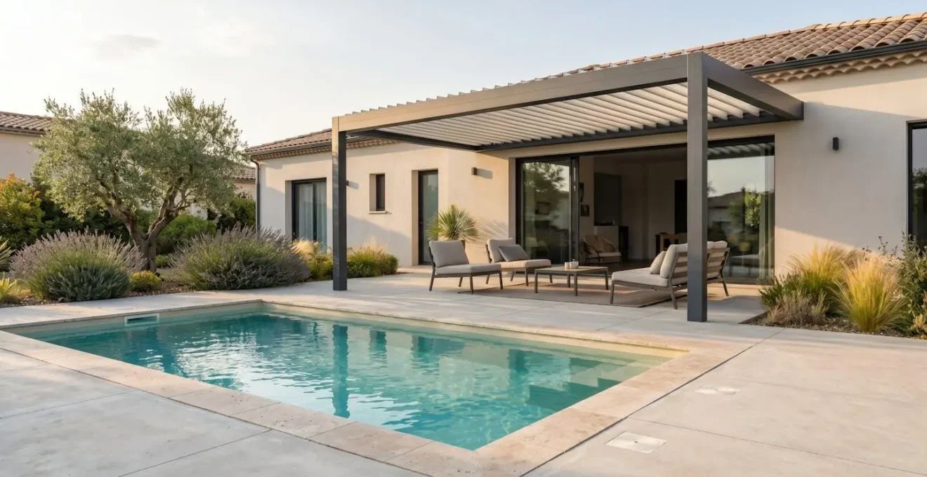 Terrasse moderne avec piscine enterrée et pergola bioclimatique aluminium adossée à lames orientables, mobilier de jardin disposé sous la structure, végétation méditerranéenne en arrière-plan, lumière dorée de fin d'après-midi