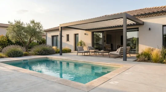 Terrasse moderne avec piscine enterrée et pergola bioclimatique aluminium adossée à lames orientables, mobilier de jardin disposé sous la structure, végétation méditerranéenne en arrière-plan, lumière dorée de fin d'après-midi