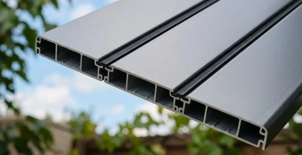 Gros plan sur lames orientables en aluminium double paroi d'une pergola bioclimatique, joint d'étanchéité noir visible entre les lames, finition thermolaquée gris anthracite Gros plan sur lames orientables en aluminium double paroi d'une pergola bioclimatique, joint d'étanchéité noir visible entre les lames, finition thermolaquée gris anthracite