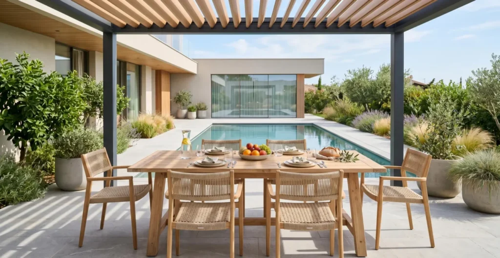 Table de jardin dressée pour un repas extérieur sous pergola bioclimatique à lames orientables, piscine enterrée en arrière-plan, végétation méditerranéenne, lumière naturelle douce Table de jardin dressée pour un repas extérieur sous pergola bioclimatique à lames orientables, piscine enterrée en arrière-plan, végétation méditerranéenne, lumière naturelle douce