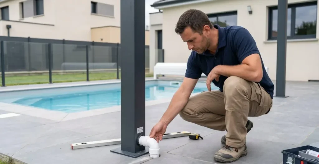 Technicien installateur accroupi examinant le canon d'évacuation PVC au pied d'un poteau de pergola bioclimatique, piscine enterrée visible en arrière-plan à quelques mètres Technicien installateur accroupi examinant le canon d'évacuation PVC au pied d'un poteau de pergola bioclimatique, piscine enterrée visible en arrière-plan à quelques mètres