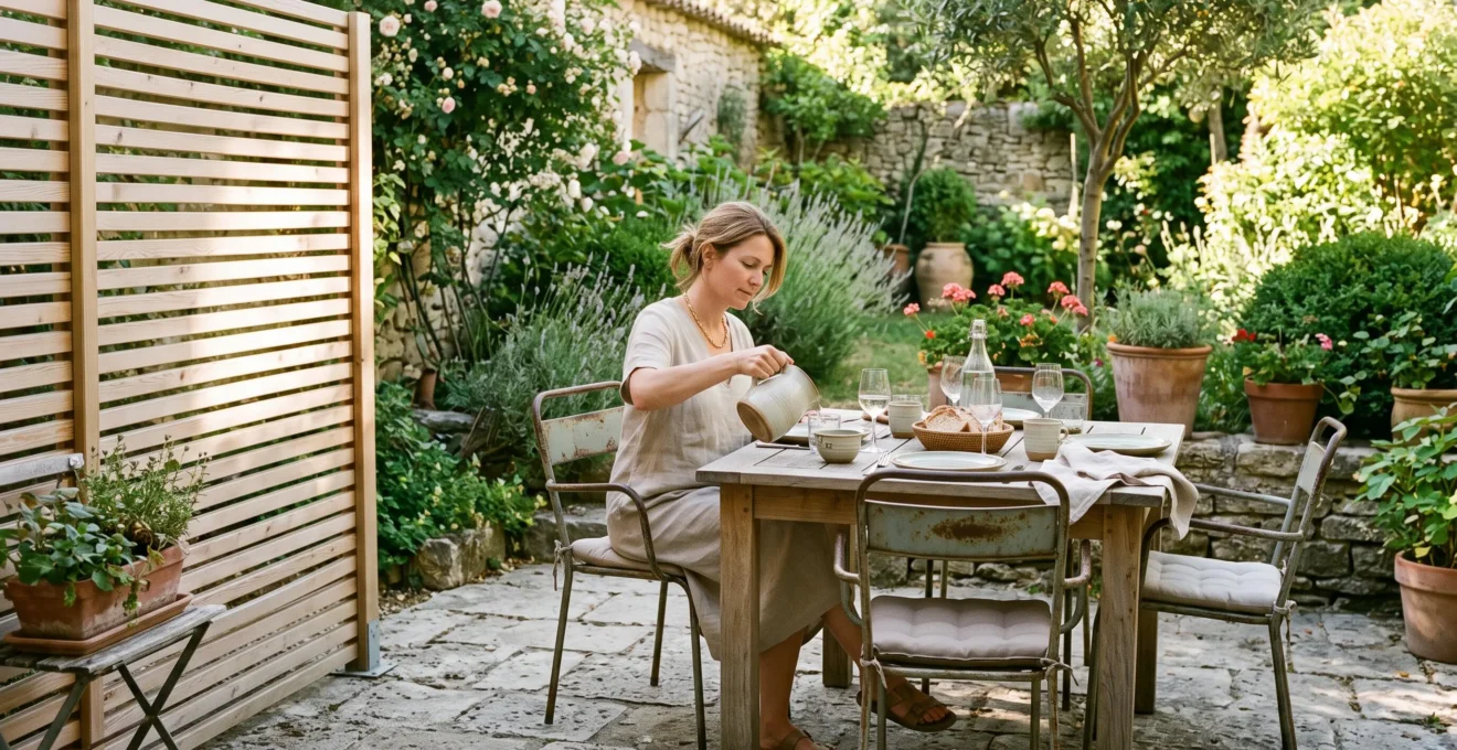 Une femme déjeune dans un coin repas de jardin protégé par une claustra légère laissant passer la lumière.